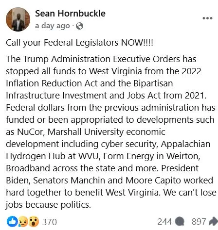 A Facebook post by Sean Hornbuckle features a block of text claiming the Trump administration halted federal funding for…