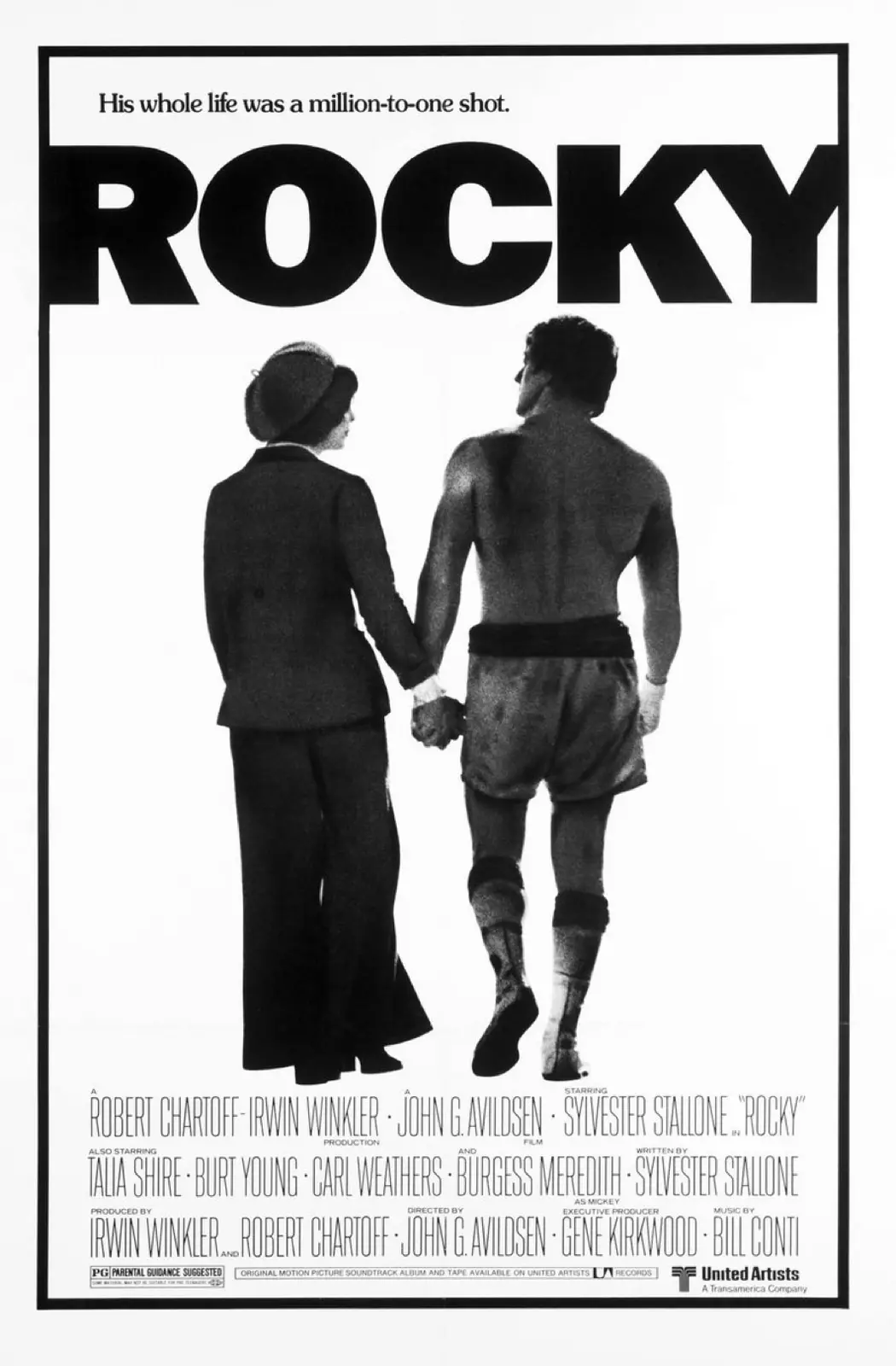 A black-and-white movie poster for 'Rocky' shows a shirtless boxer in shorts and knee pads holding hands with a woman in a…
