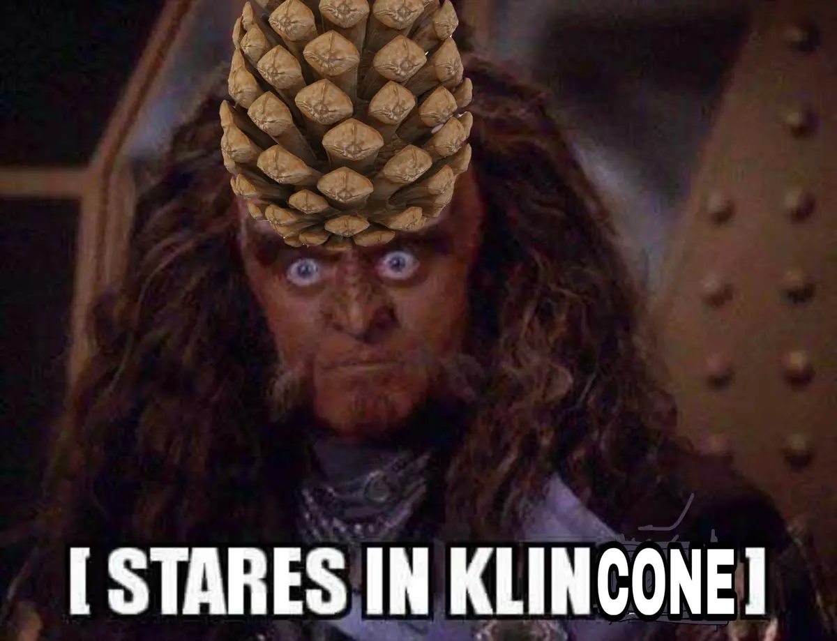 A close-up image of a character with long dark hair and wide, startled eyes, with a large pinecone digitally placed on their…