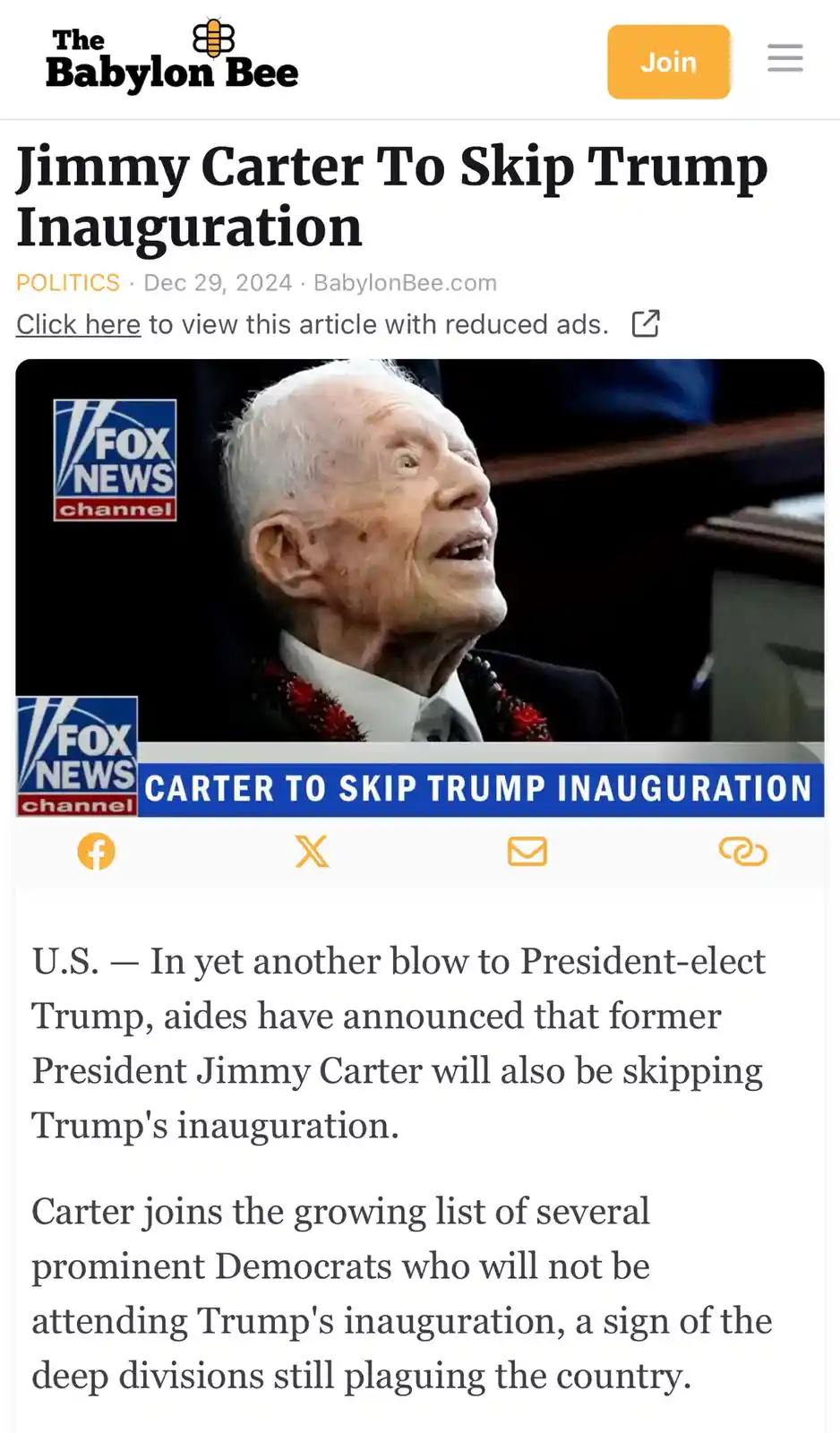 Carter Decides to Skip Trump's Inauguration