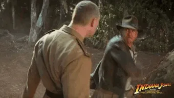 A six-frame sequence from the movie 'Indiana Jones and the Temple of Doom' shows Indiana Jones (Harrison Ford) in a leather…