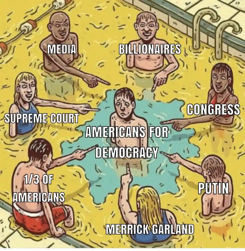A cartoon depicts seven people in a swimming pool, all pointing at a central figure labeled 'AMERICANS FOR DEMOCRACY'. The…