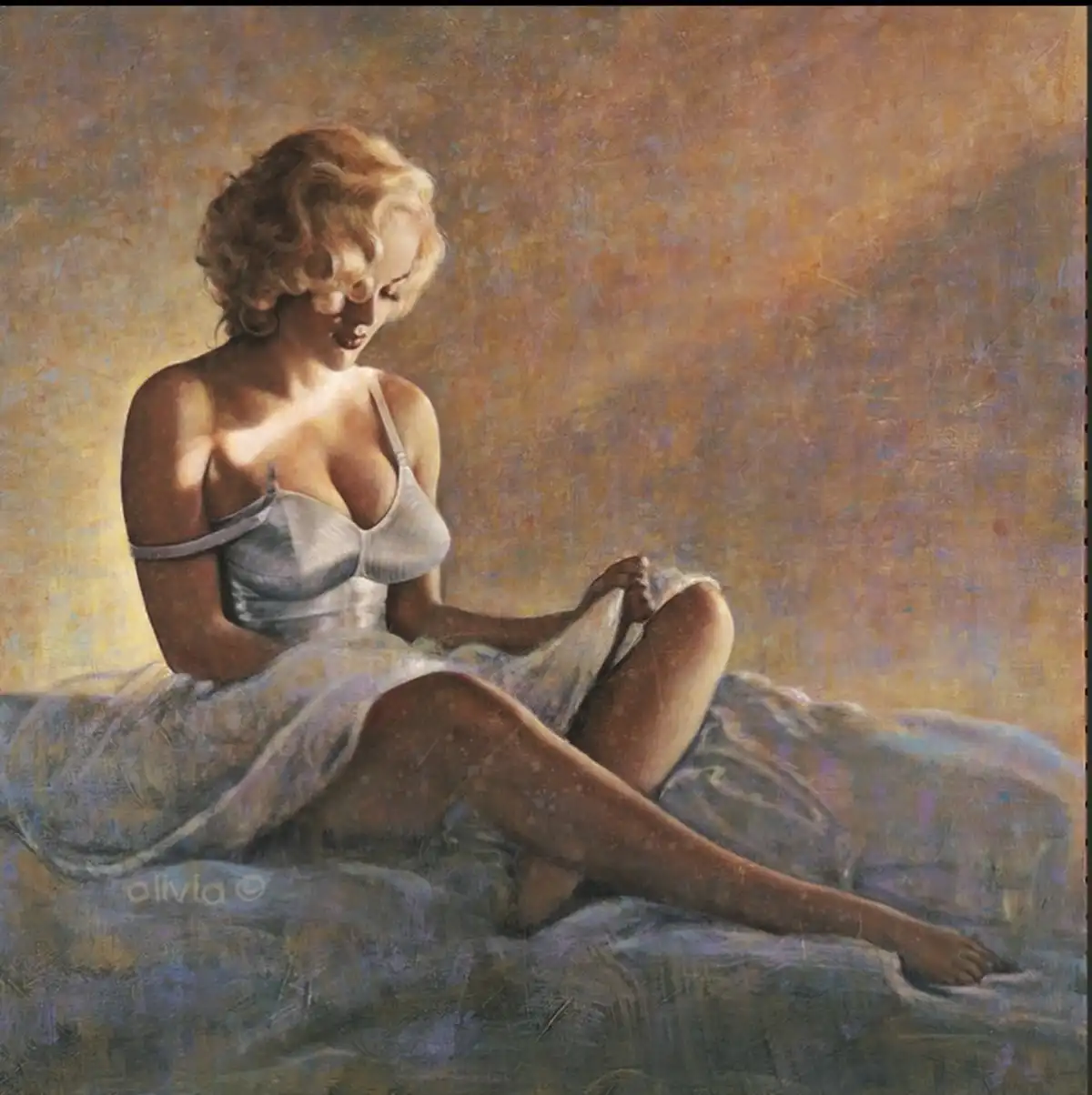 A painting depicts a woman with blonde hair sitting on a bed, wearing a light-colored slip dress that appears to be slipping…