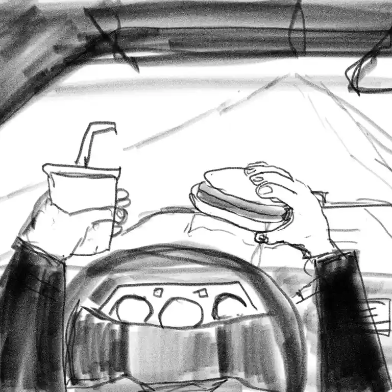 A black-and-white sketch shows a person in a car, hands gripping the steering wheel while also holding a drink and a burger…