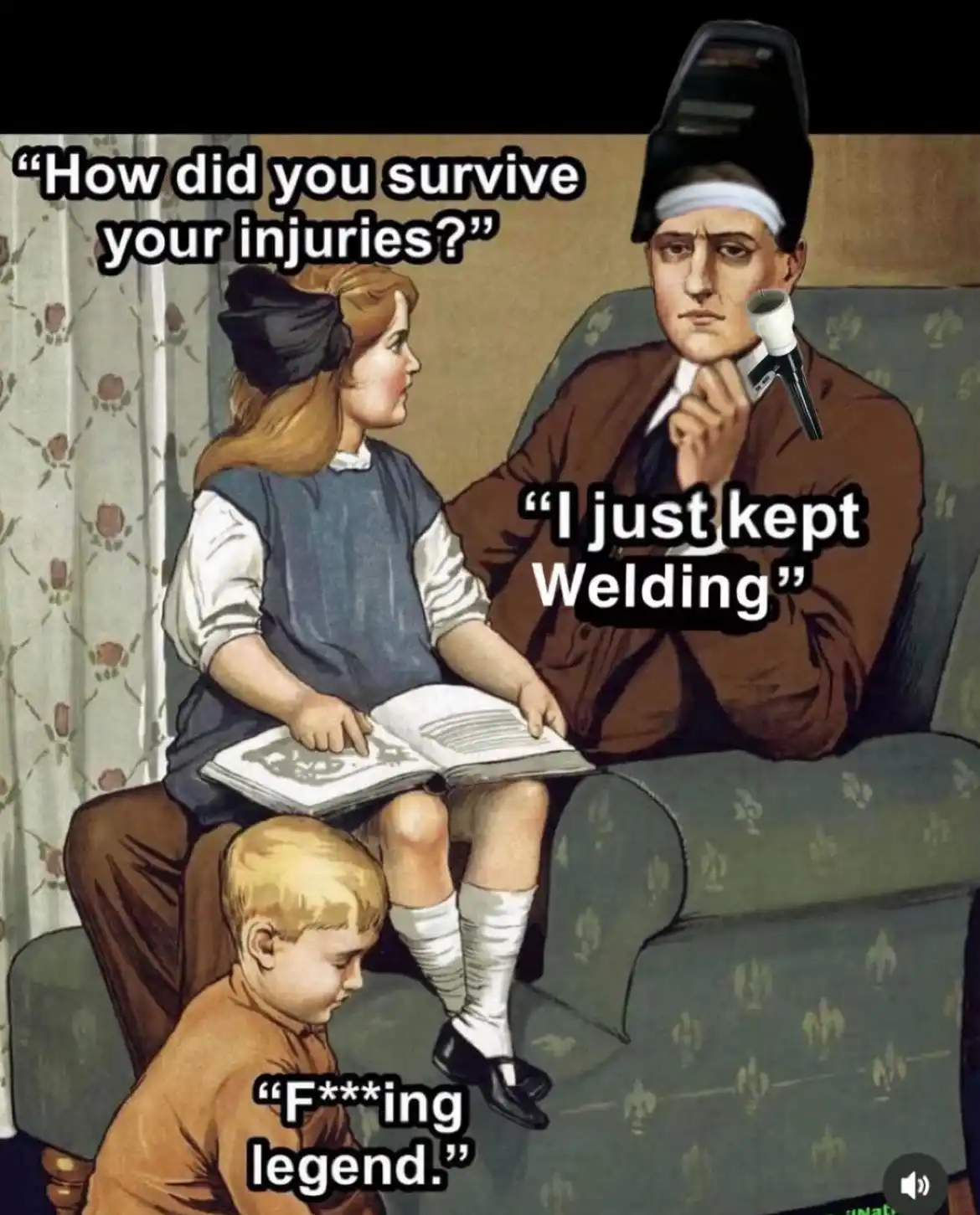 An old-fashioned illustration shows a man in a welding helmet and a microphone, sitting on a couch with two children. The…