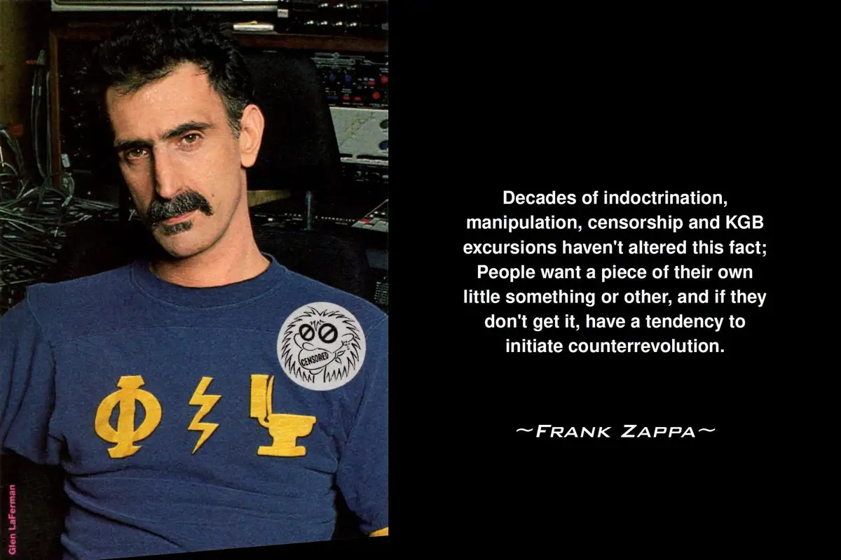 A photo of Frank Zappa wearing a blue t-shirt with yellow symbols and a 'CENSORED' patch, set against a background of audio…