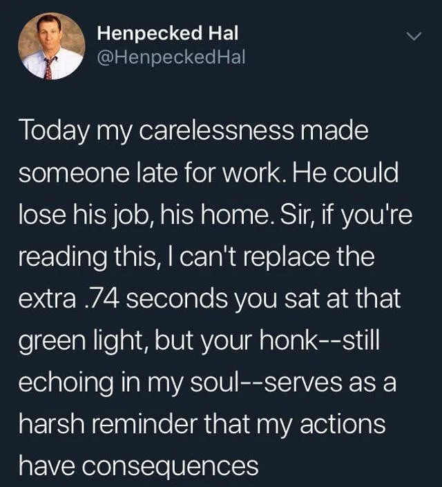 A screenshot of a tweet from 'Henpecked Hal' shows a man in a white shirt and tie with a serious expression. The tweet text…