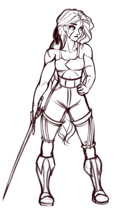 A black-and-white sketch of a female warrior with wavy hair, holding a sword in her right hand and resting her left hand on…