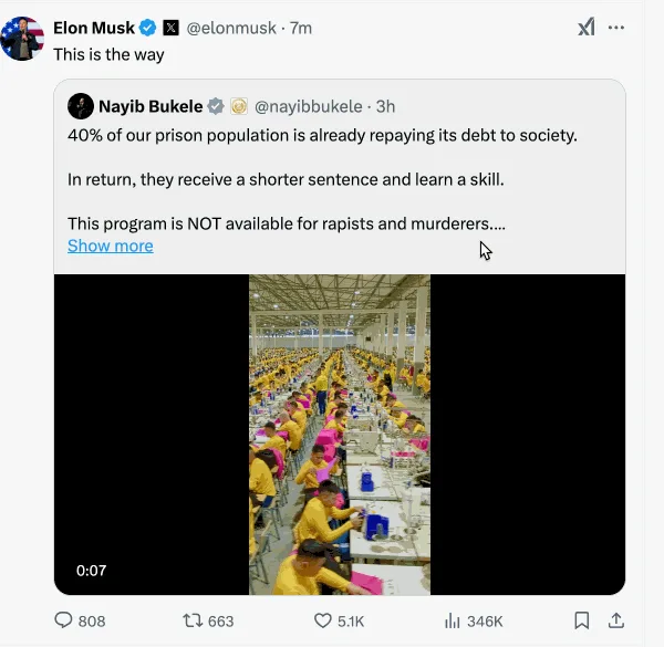 Six identical screenshots of Elon Musk retweeting Nayib Bukele's tweet about prison labor programs, each showing a video…