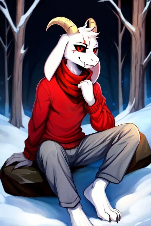 An anthropomorphic white goat with red eyes and golden horns sits in a snowy forest wearing a red sweater and grey pants…