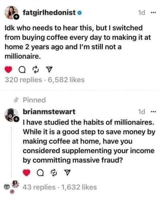 A screenshot of a social media comment thread where the original poster laments not becoming a millionaire after switching…