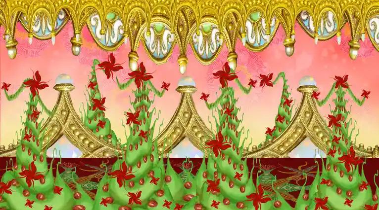 The image displays a surreal, ornate scene with repeating golden arches and chandeliers at the top, pink and yellow…