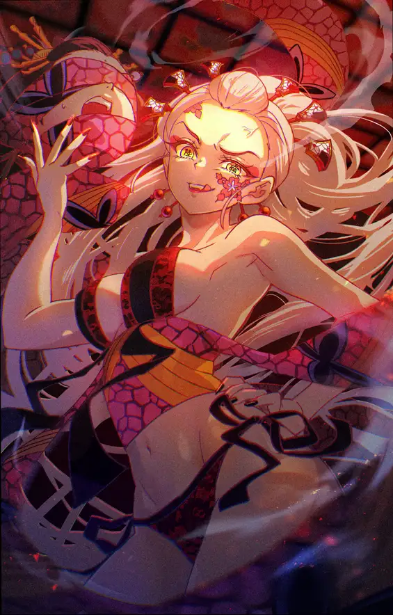 An anime-style illustration of a blonde-haired female character with glowing eyes and floral markings on her face…