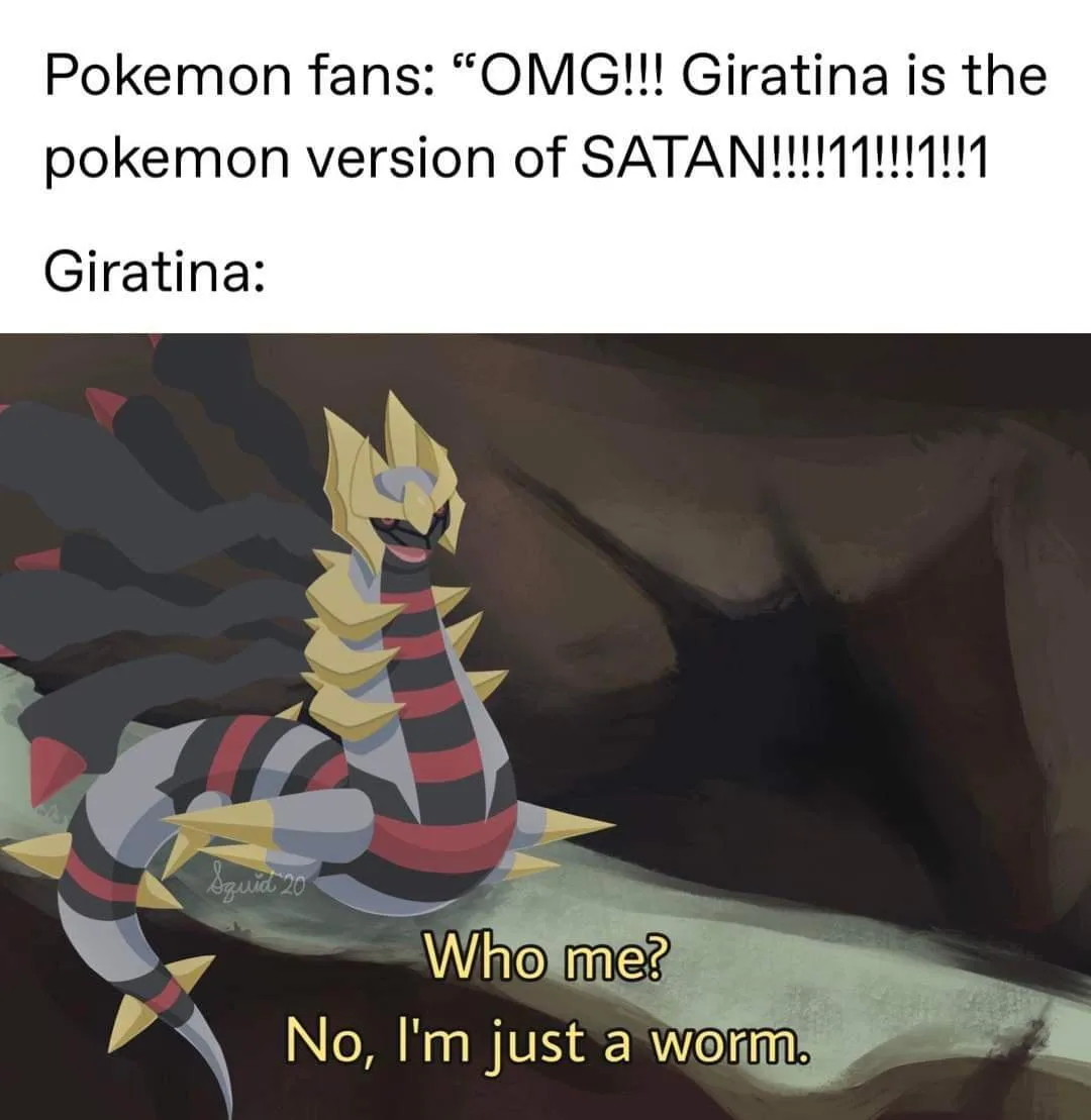 The image shows the Pokémon Giratina in a dark cave setting, with a surprised or confused expression. Text above reads…