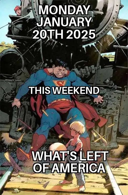 A comic book illustration shows Superman struggling to push a massive train engine off railroad tracks, while a small child…
