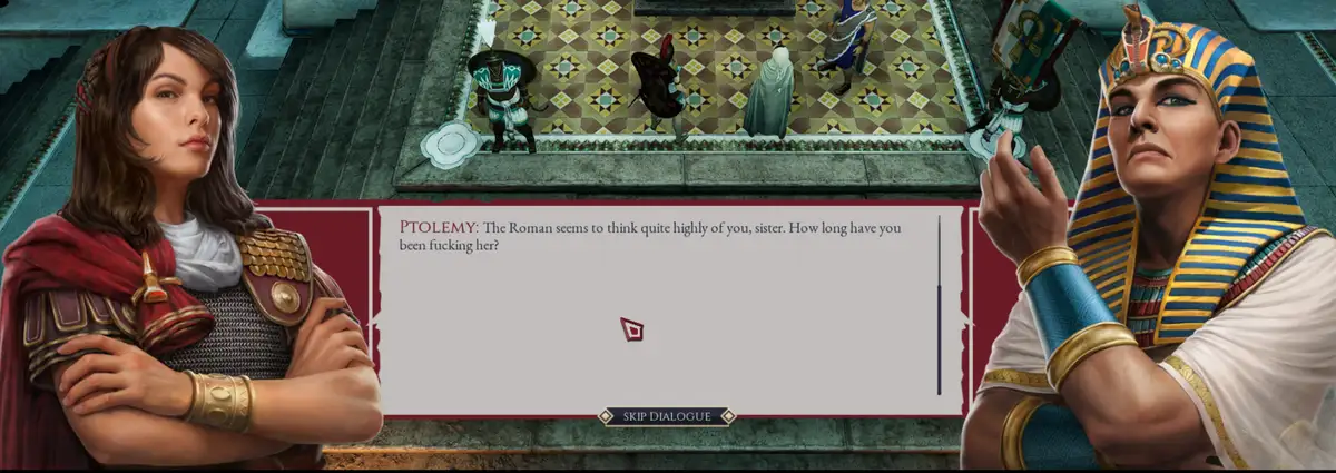 A screenshot from a historical strategy game shows two characters, Ptolemy (right, in Egyptian pharaoh attire) and a female…