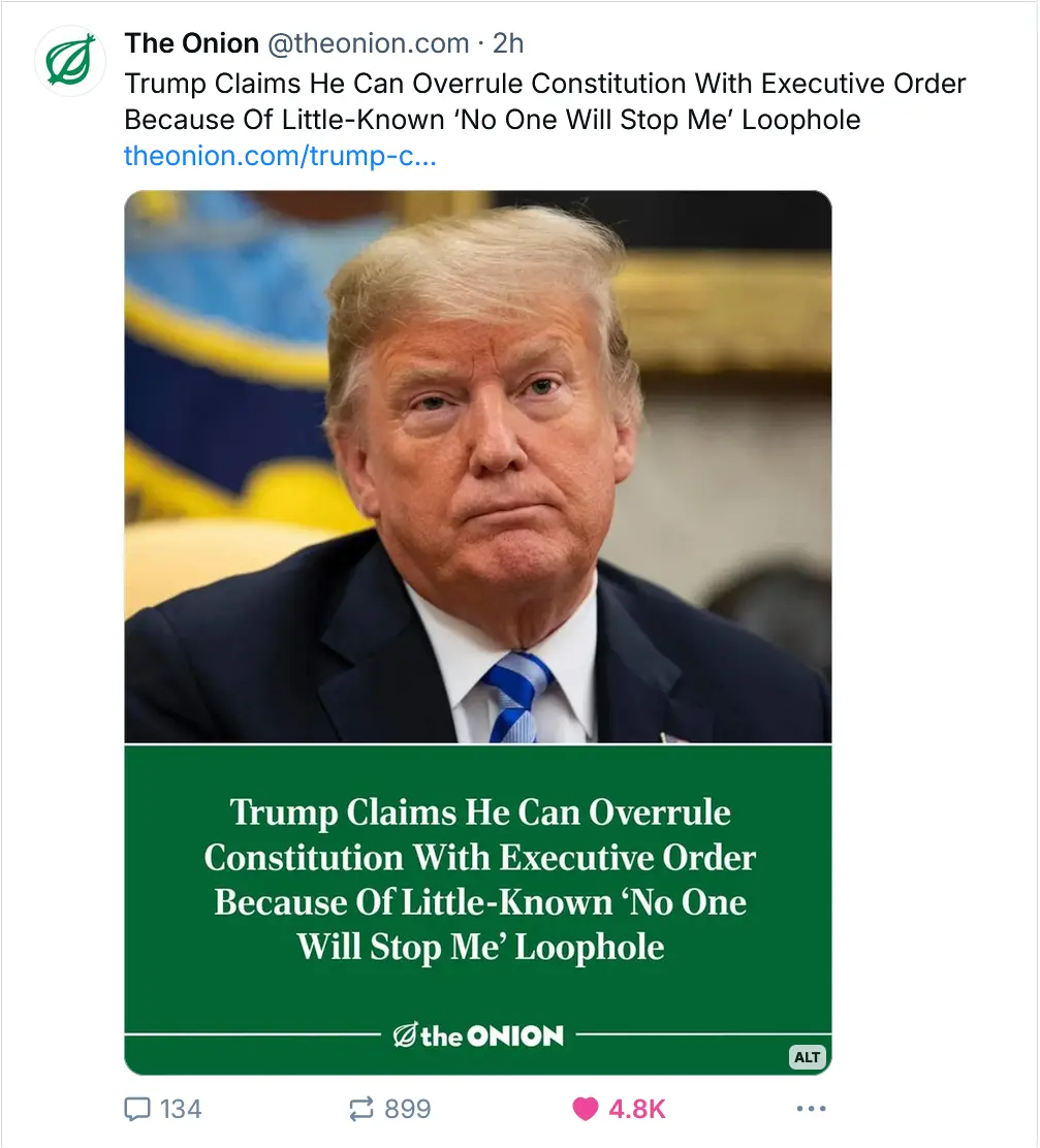 A screenshot of a tweet from The Onion featuring a photo of Donald Trump looking serious, overlaid with a green banner…
