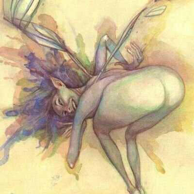 A watercolor-style illustration depicts a nude, humanoid figure with pointed ears and feathered wings lying on their side in…