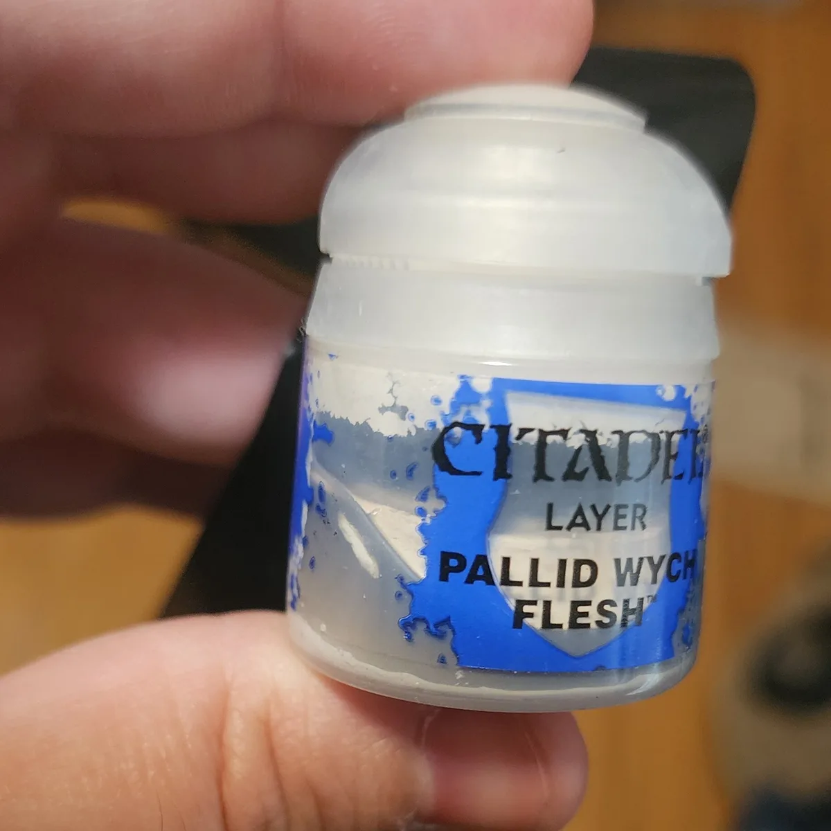 A hand holds a small, translucent plastic bottle of Citadel brand paint, labeled 'Layer Pallid Wych Flesh™', with visible…