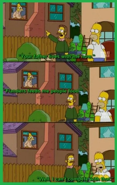 A three-panel Simpsons meme showing Ned Flanders pointing at Homer Simpson while a dog looks out a window. In the first…