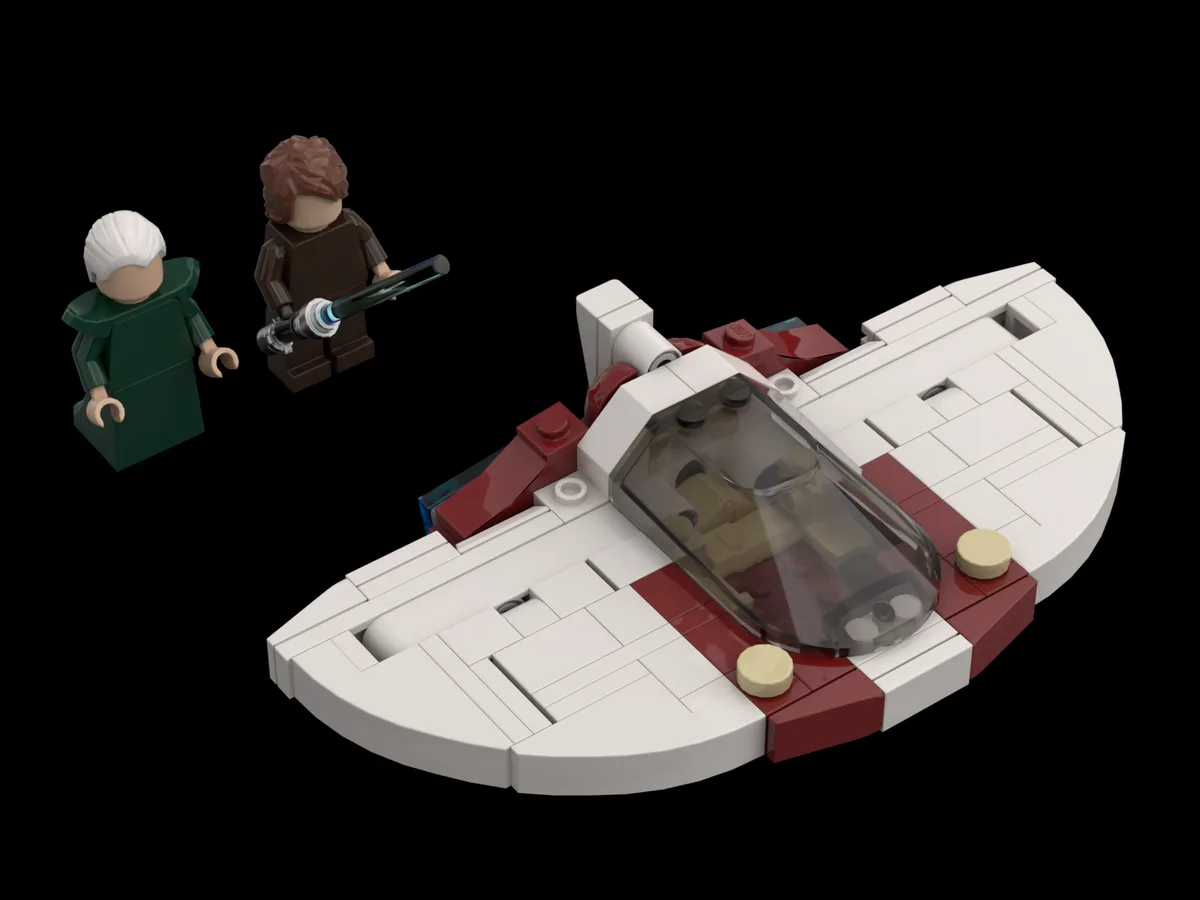 A Lego Star Wars scene shows two minifigures, one with white hair in green robes and another with brown hair holding a blue…