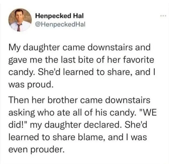A screenshot of a tweet from 'Henpecked Hal' detailing a humorous parenting moment where his daughter shares her favorite…