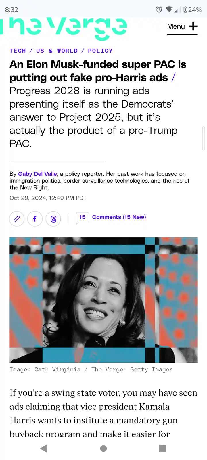A screenshot of a The Verge article headline about a super PAC funded by Elon Musk running fake pro-Kamala Harris ads, which…