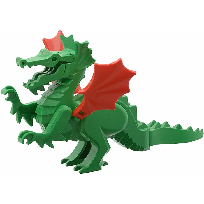 A green plastic toy dragon with red wings and a red crest stands against a white background. The dragon has a slightly…
