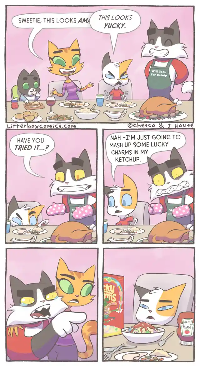A four-panel comic strip featuring anthropomorphic cats at a dinner table. One cat enthusiastically presents a roasted…