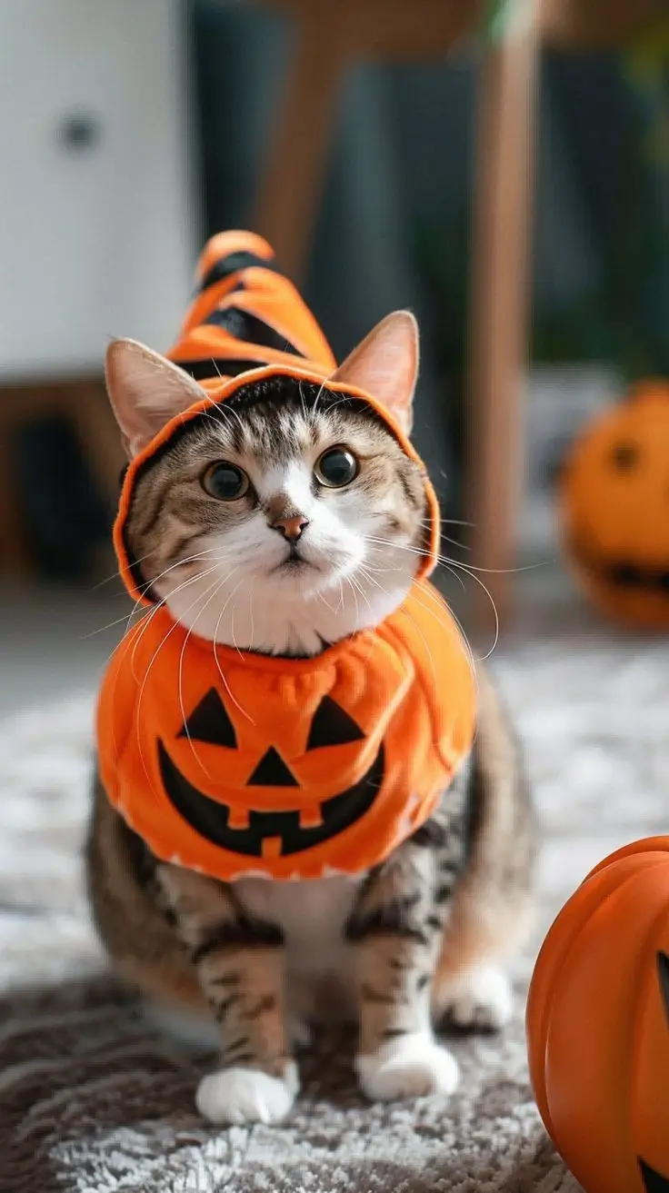 A tabby cat wearing an orange Halloween costume with a jack-o'-lantern face and a pointed witch hat sits on a rug, looking…
