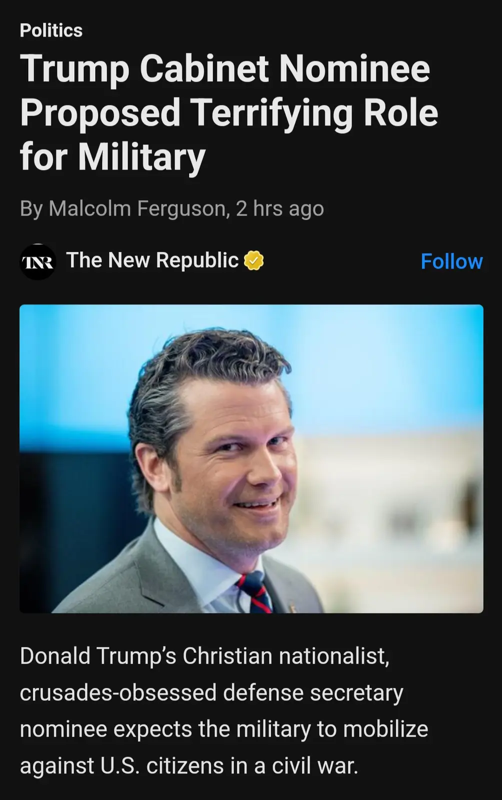 A screenshot of a news article from The New Republic with a headline about a Trump cabinet nominee proposing a terrifying…