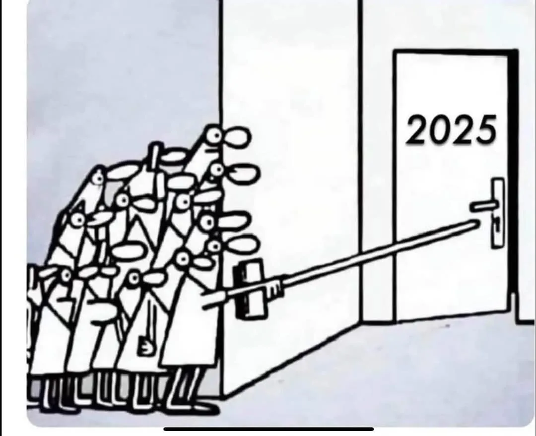 A black-and-white cartoon depicts a large crowd of identical stick-figure people in lab coats pushing a long pole toward a…