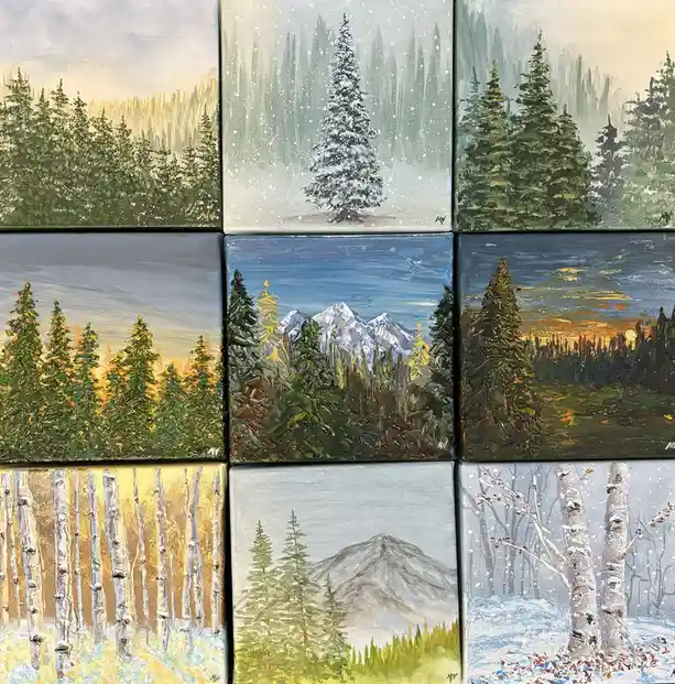 A grid of nine small paintings depicting various forest and mountain scenes across different seasons and times of day…