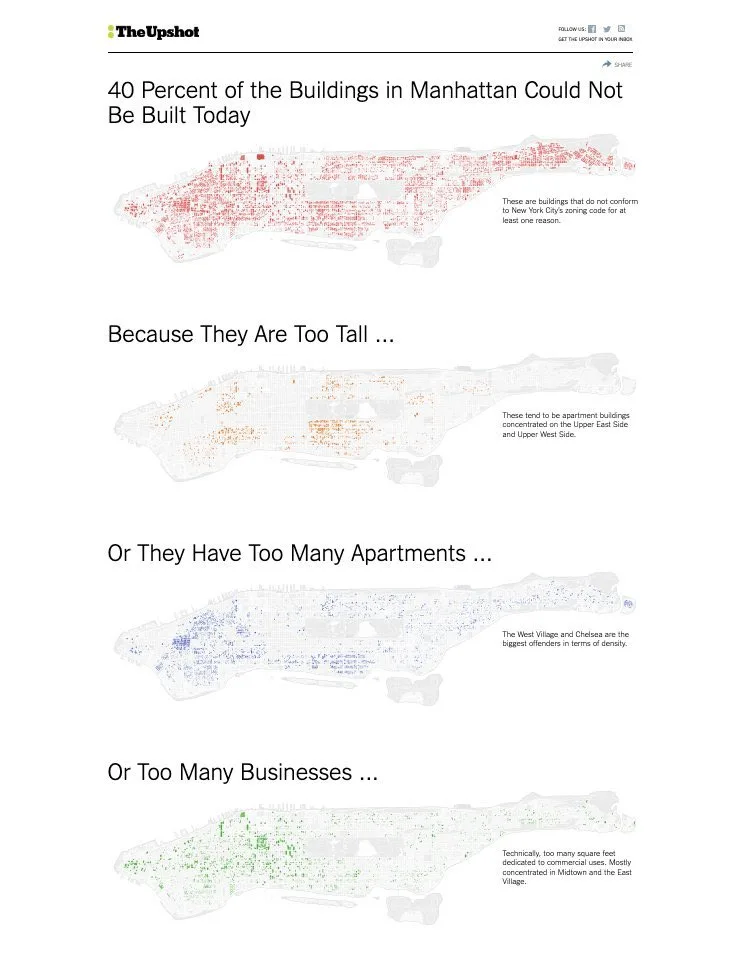 A four-panel infographic from The Upshot shows Manhattan maps with red, orange, blue, and green dots indicating buildings…