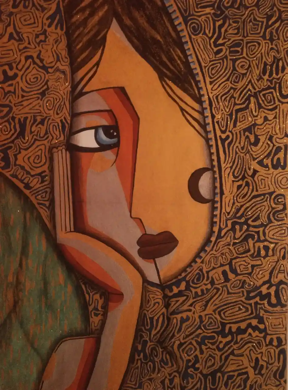 A stylized, colorful painting of a woman's face in profile, framed by intricate, swirling golden patterns on a dark…