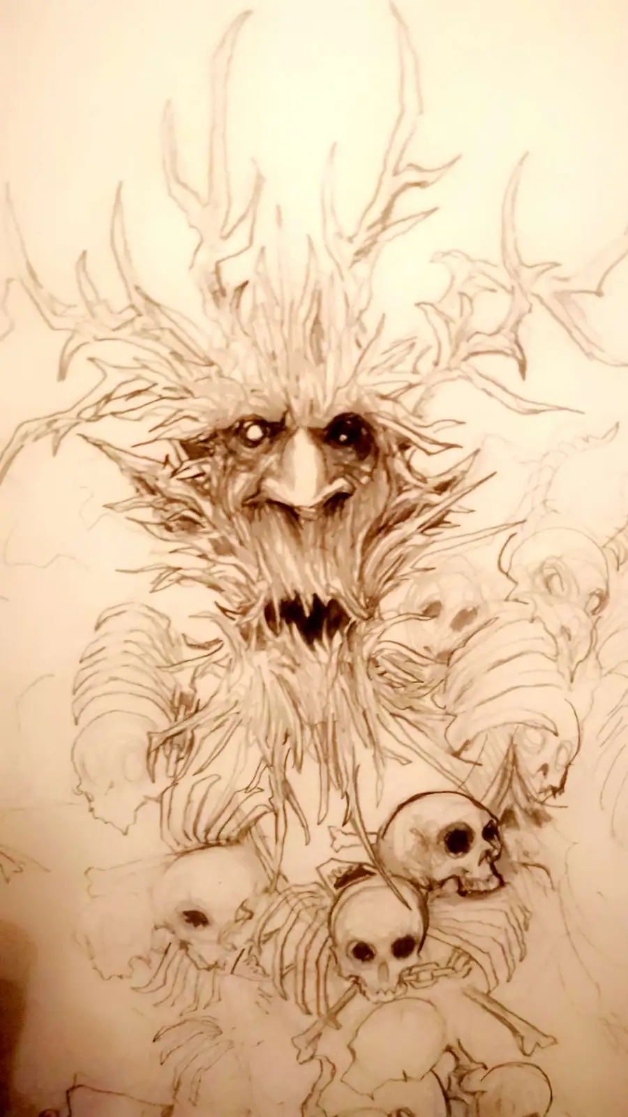 A sepia-toned pencil sketch depicts a menacing, tree-like creature with antler-like branches, a grinning face, and a beard…