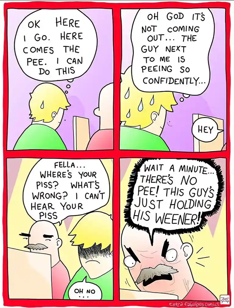 A four-panel comic strip shows a nervous man trying to pee in a public restroom stall, panicking when he can't, then…