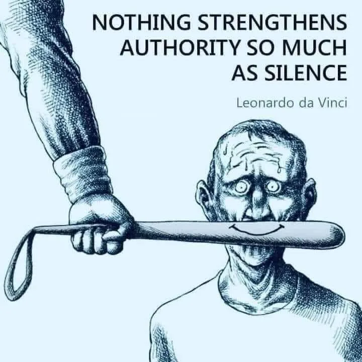 A black-and-white sketch shows a large hand holding a baton horizontally across the mouth of a terrified-looking man. The…
