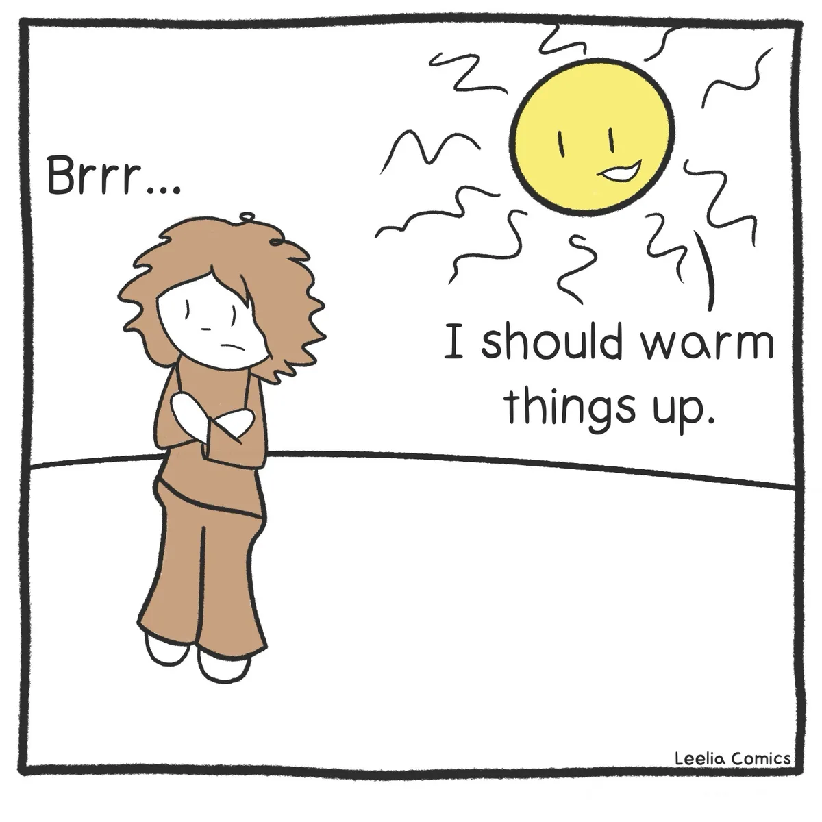 A cartoon person with curly brown hair, wearing brown clothes and white shoes, stands shivering with arms crossed, emitting…