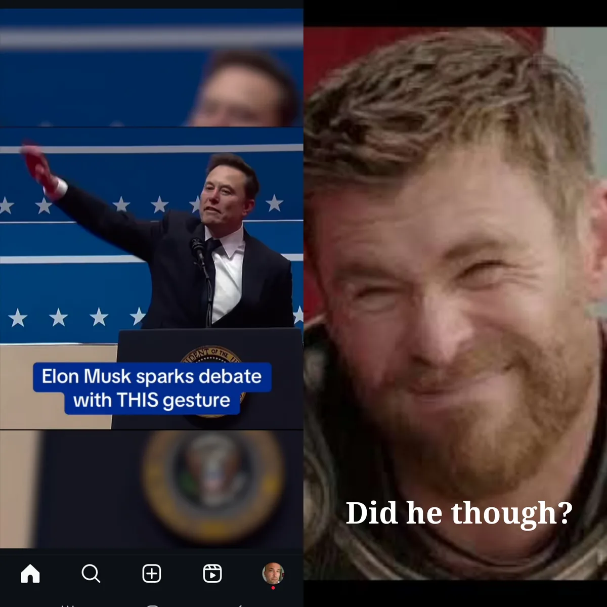 The image is a split-screen meme. On the left, Elon Musk stands at a podium with a presidential seal, gesturing with his…