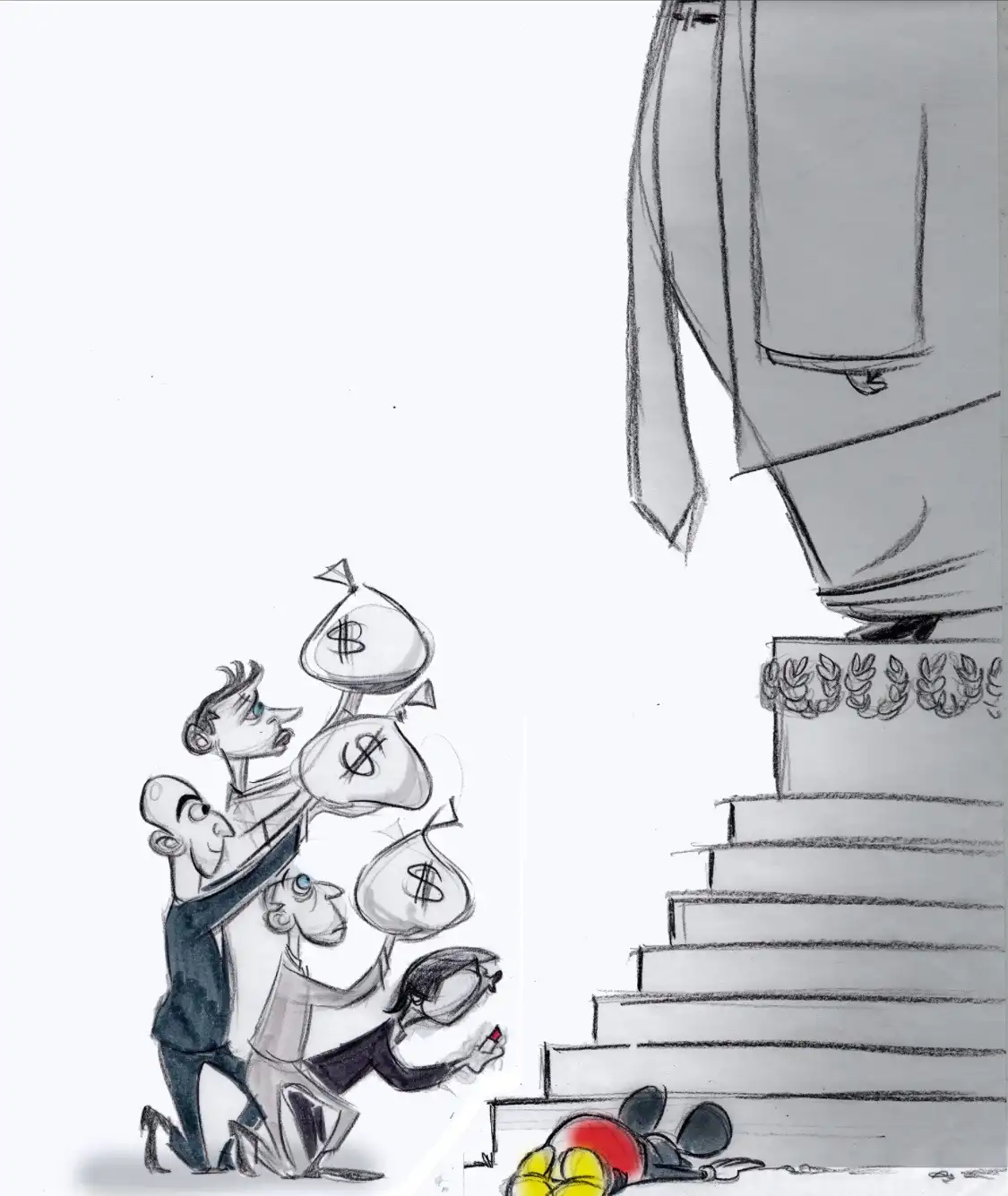 A black-and-white cartoon shows four men kneeling and carrying large sacks marked with dollar signs up a set of stairs…