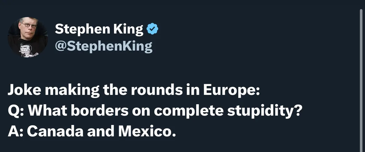 A screenshot of a tweet from verified Twitter account @StephenKing, showing his profile picture and a joke text overlay. The…