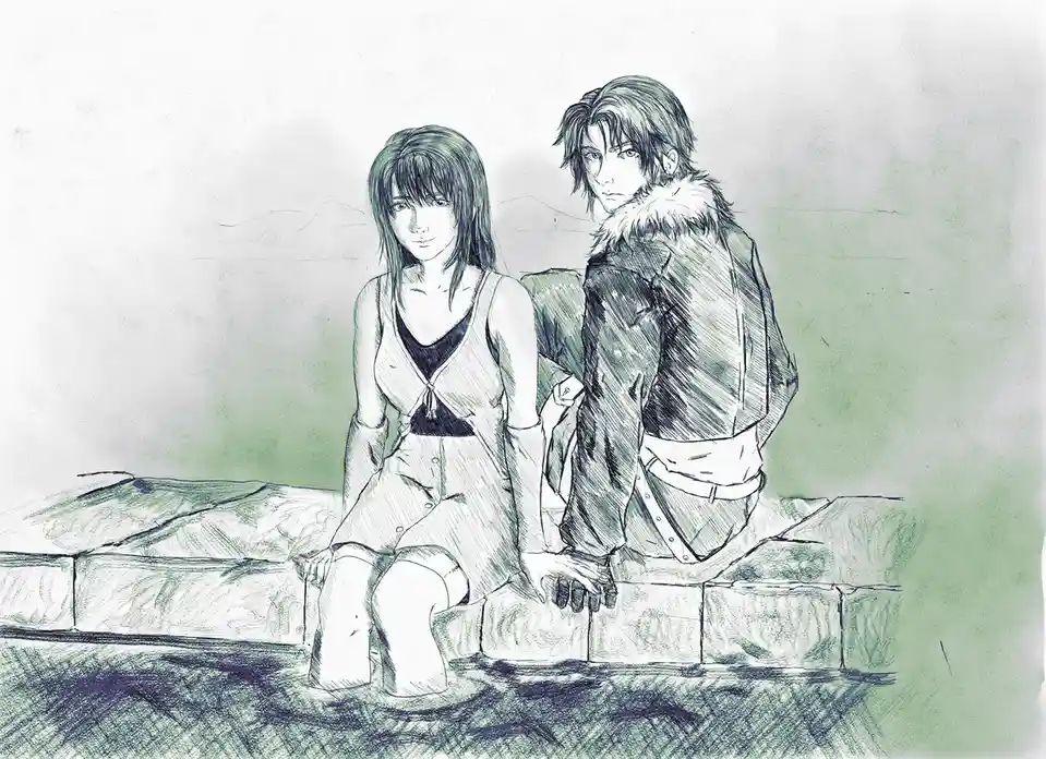 A sketch-style drawing shows two anime characters sitting side by side on stone steps. The female character faces forward…