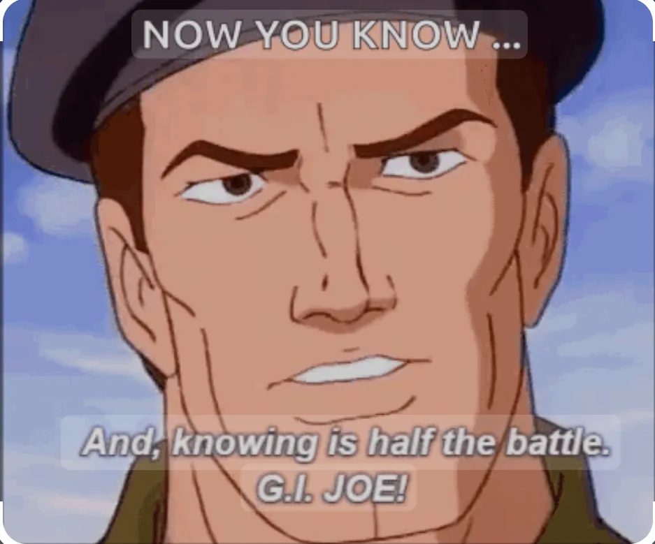 A close-up of the animated character G.I. Joe with a stern, knowing expression, wearing a military-style cap. The overlaid…