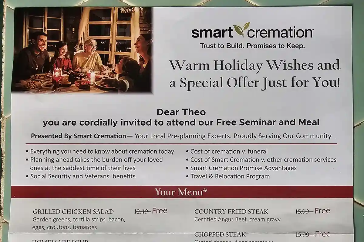 An advertisement from 'Smart Cremation' features a photo of a happy family at a dinner table. The text invites 'Dear Theo'…