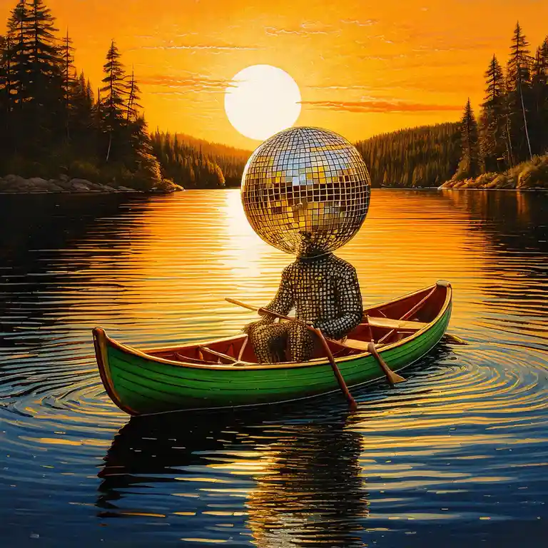 A surreal painting depicts a figure with a giant disco ball for a head, wearing a matching disco ball suit, paddling a green…