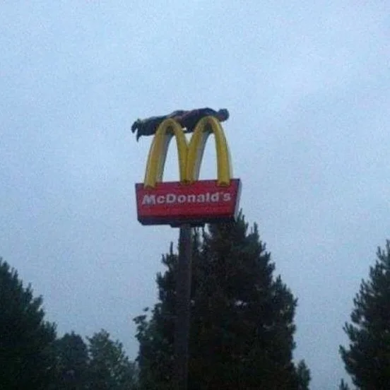 A person is lying horizontally across the top of a McDonald's golden arches sign, appearing to be resting or sleeping on it…