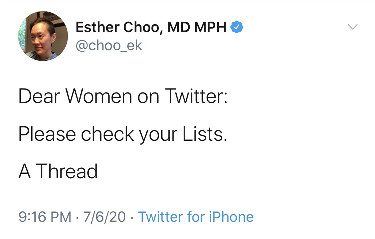 A screenshot of a tweet from Esther Choo, MD MPH, showing her profile picture and handle @choo_ek. The tweet text reads…