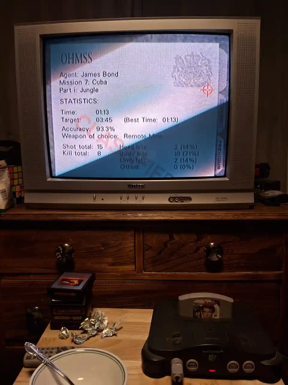 A photo shows a Nintendo 64 console with a game cartridge featuring James Bond, connected to a CRT television displaying the…