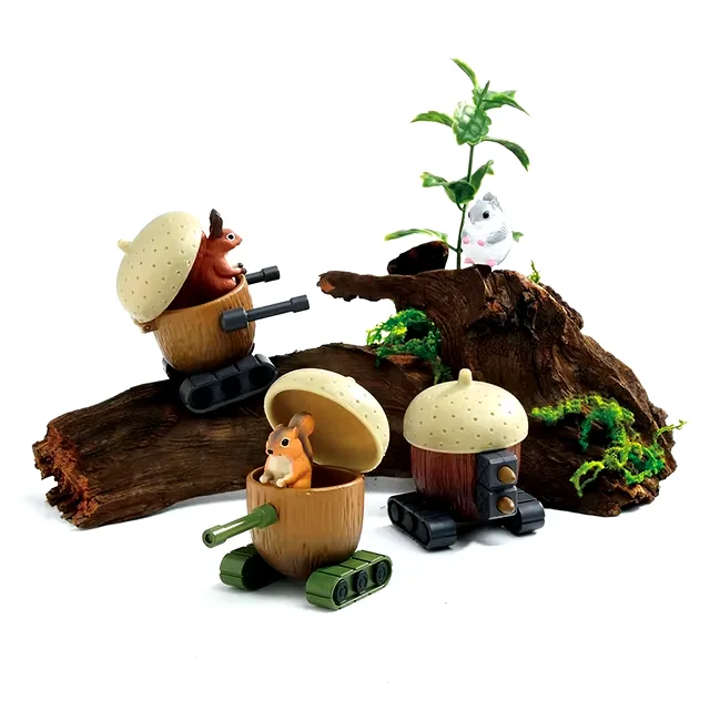 Three miniature toy squirrels are depicted inside acorn-shaped tanks with treads and cannons, positioned on a wooden log…
